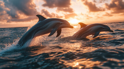 Fototapeta premium Eye-Level Perspective of a Playful Dolphin Pod Jumping at Sunset