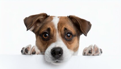 Hidden dog looks out, isolated against white.