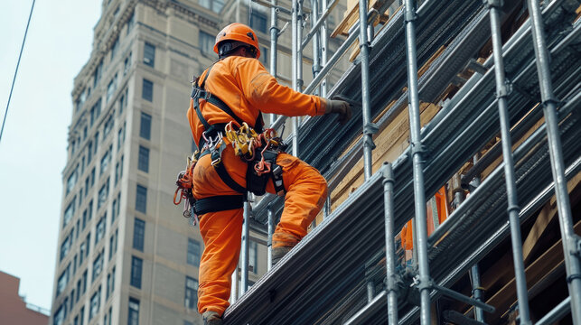 A man in orange jumpsuit is working on a building. He is wearing a harness and is on a scaffolding