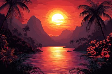 Obraz premium Sunset Over a Tropical Lagoon with Palm Trees and a Boat