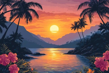 Tropical Sunset Over a Still Lagoon with Palm Trees and Hibiscus Flowers
