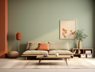 Japandi, minimalist interior design of modern living room. Couch with terracotta accent against neutral sage wall and art frame on the wall