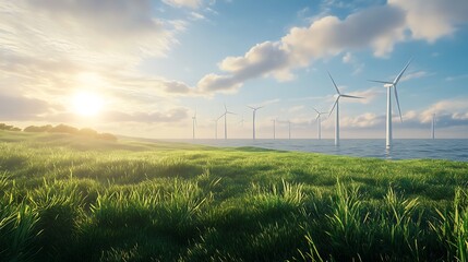 Sunrise over Wind Turbines in Green Field, Renewable Energy, Clean Energy