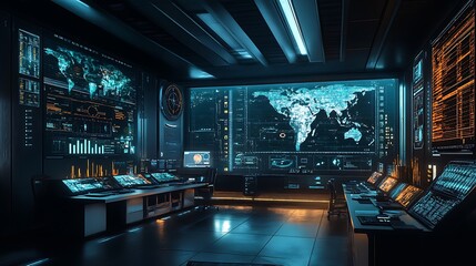 Futuristic control room interior with large digital screens showing data, charts, and maps