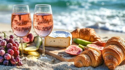 Beach picnic in the summertime. croissants, fruits, camembert cheese, and rose wine in glasses.