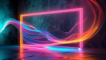 Neon Light Abstract Art with Dynamic Frame and Music Waves Created by AI