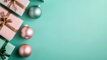 Festive Christmas Gift Boxes and Ornaments on Mint Background