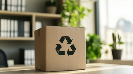 A cardboard box with a recycling symbol on it, placed in a minimalist home office space, ready for reuse