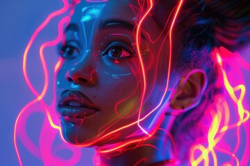Neon lights pulsate, highlighting the artistic beauty of a portrait