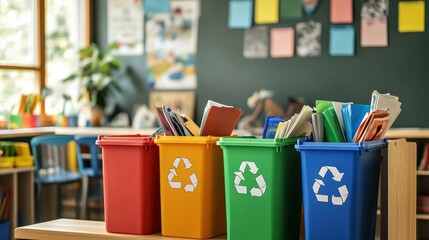 A classroom recycling station with colorful bins for paper, plastic, and metal, teaching children about sustainability