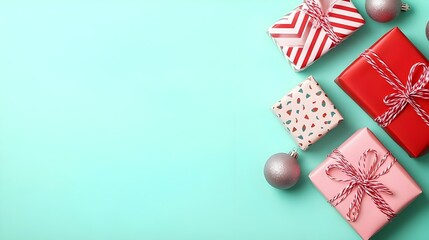 Fototapeta premium Festive Gift Boxes & Ornaments on Turquoise Background