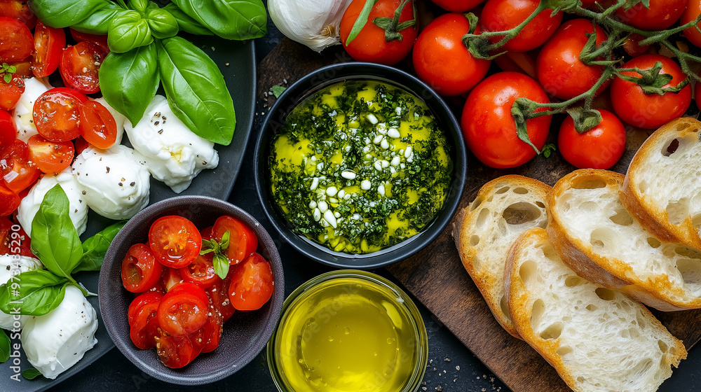 Wall mural still life of Mediterranean cuisine with basil pesto, mozzarella, bread, tomatoes, extra virgin olive oil and garlic