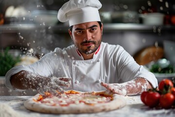 A chef tossing pizza dough in a busy restaurant kitchen at dinner time