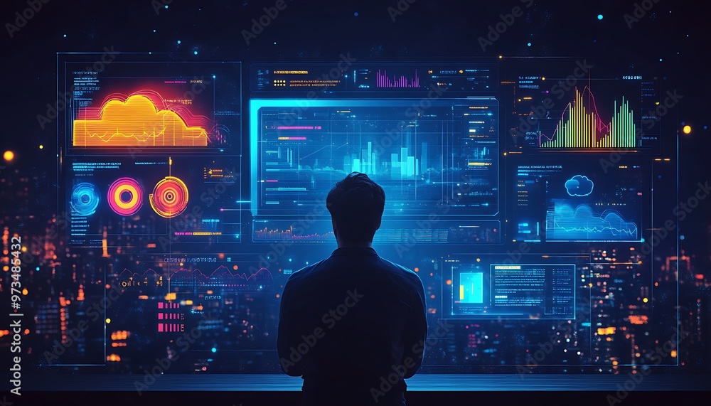 Aufkleber silhouette of man analyzing data on a futuristic display. concept of technology, big data, artificia