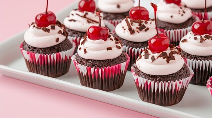 Red velvet cupcakes with cream cheese frosting and cherries arranged in a plastic container. Studio food photography on a pink background. Design for bakery, banner, or greeting card.

