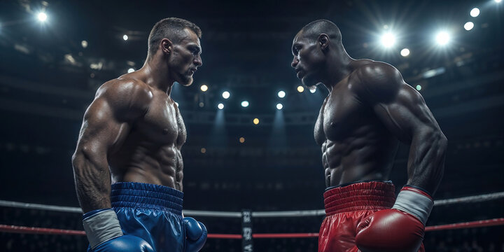 Two boxers are in a ring, one of them is wearing a red suit and the other is wearing a blue suit.