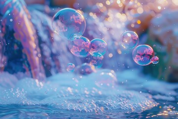 Bubbles cascade gracefully as mountain spring water flows in the morning light