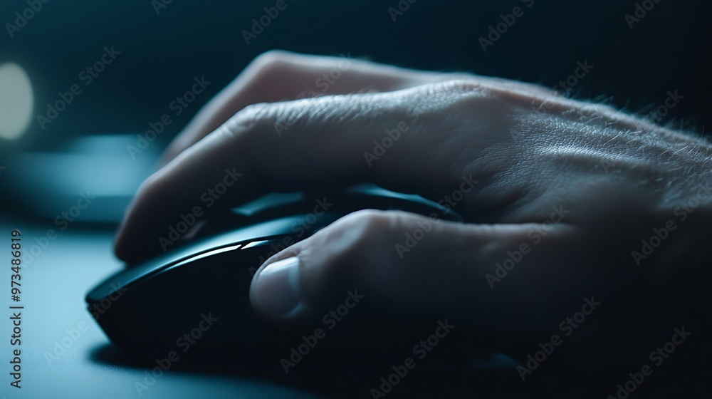 Aufkleber close up of hand using computer mouse, technology and productivity concept