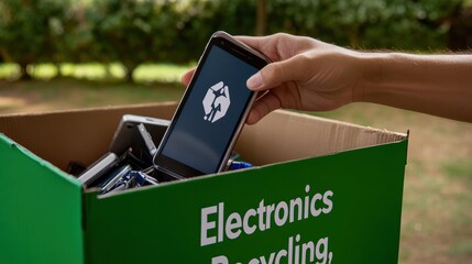 A hand placing an old cell phone into a box labeled "Electronics Recycling," promoting responsible e-waste disposal