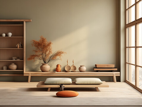 Japandi, minimalist interior design of modern living room. Neutral sage wall with neutral wooden furniture and terracotta accent pottery