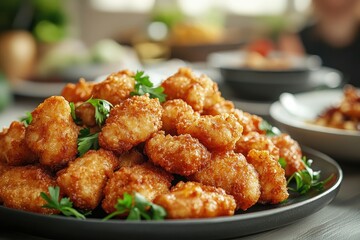 Fototapeta premium olden-brown fried pork served on a platter with garnishes, with a blurred background of a family dining table ready for a meal