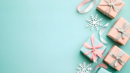 Mint Green Christmas Background with Gifts & Snowflakes