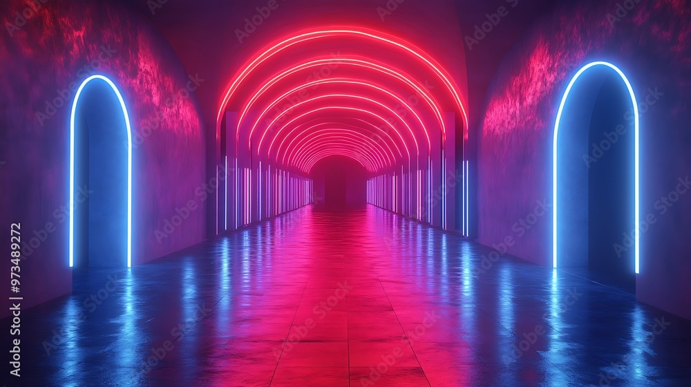 Poster Abstract futuristic neon tunnel with archway doors. 3d render of glowing red and blue neon lights