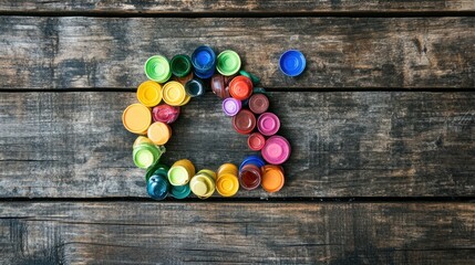 A recycling symbol made out of used plastic bottle caps, forming a colorful and creative design on a wooden table