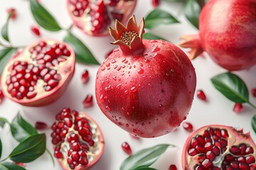Pomegranate and half slices suspended in the air with green leaves isolated on white background. Generative AI