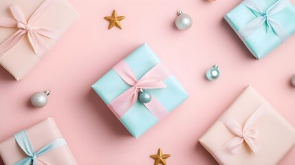 Pastel Gift Boxes Pink Background Festive Holiday Decor