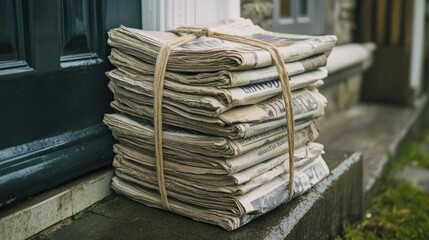 A stack of newspapers tied together with twine, sitting on a doorstep, ready to be picked up for recycling