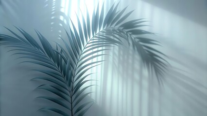Fototapeta premium Green palm with reeded glass. Summer concept with blurred luxury wall. Abstract background with refreshing gradient for spa style design. Plant leaves. White Reeded Glass. Ribbed Background.
