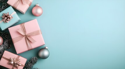 Pink and Blue Christmas Gift Boxes with Ornaments on Blue Background