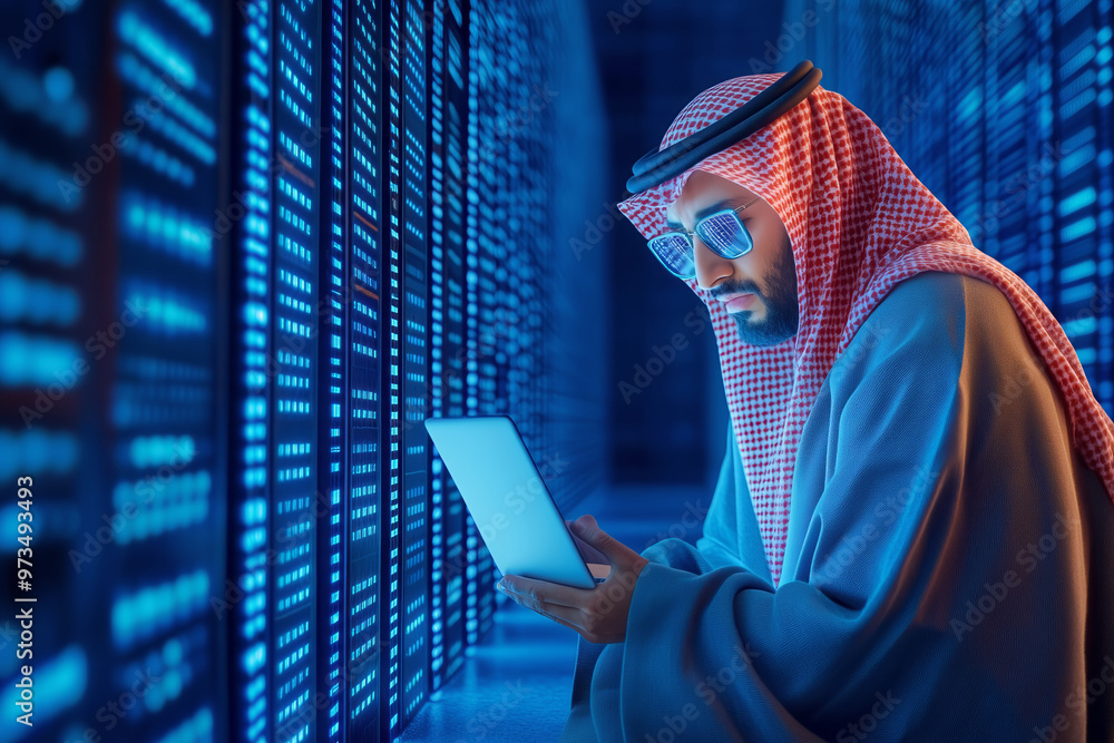 Poster man in traditional attire using tablet in data center