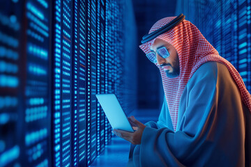 Man in traditional attire using tablet in data center