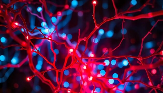 close up of a bunch of red blue lights, neural, rhizomatic network, psychedelic interconnections, neuro web, neurograph, interconnections created with generative ai