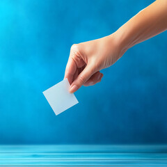 Hand holding a blank card over a blue background