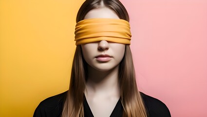 Portrait of a young woman with a blindfold on yellow background with copy space
