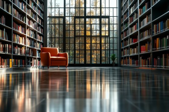 A modern library, white shelfs, large windows, sophisticated space.