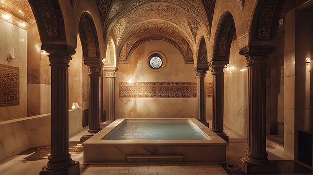 Ancient Roman Bath Interior with Marble Pool and Stone Columns