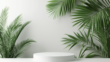 Fototapeta premium Minimalist Elegance: White Podium with Palm Leaves for Product Display