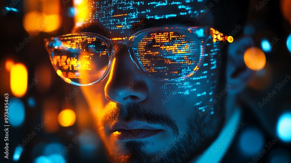 Poster man wearing glasses with computer code reflection, technology concept