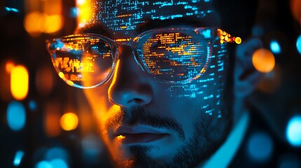 Man wearing glasses with computer code reflection, Technology concept