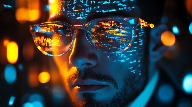 Man wearing glasses with computer code reflection, Technology concept