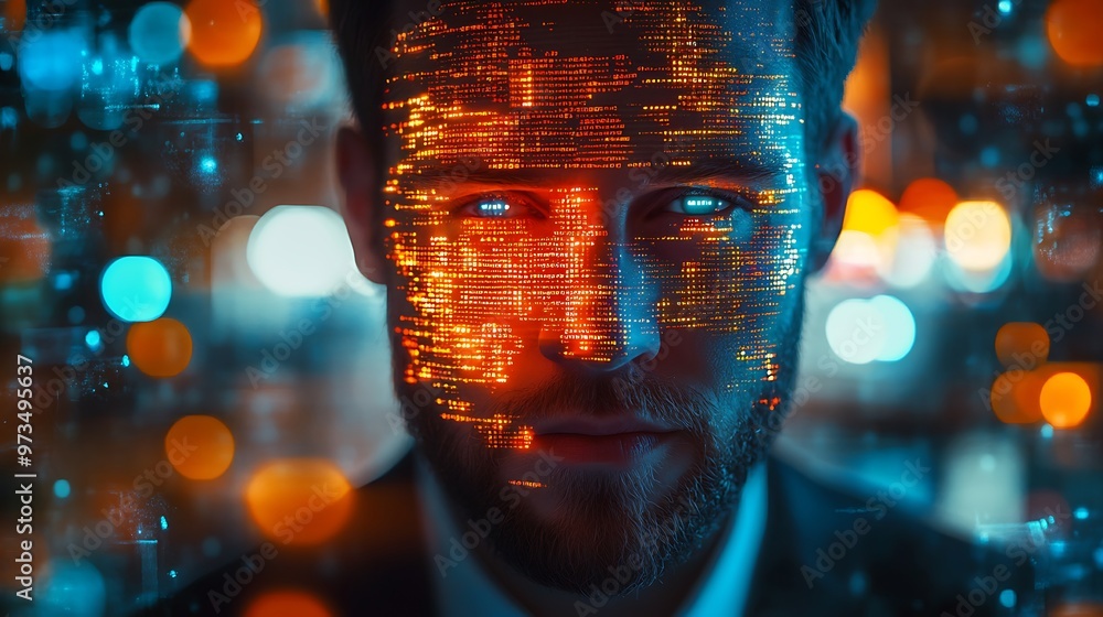 Poster futuristic digital man with binary code overlay on face. concept of artificial intelligence, cyberne