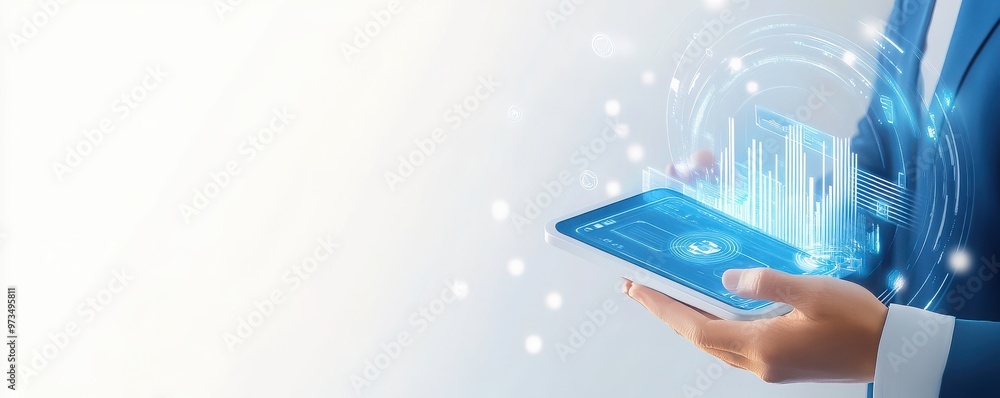 Poster a businessman interacts with a tablet displaying digital graphs and data, showcasing modern technolo