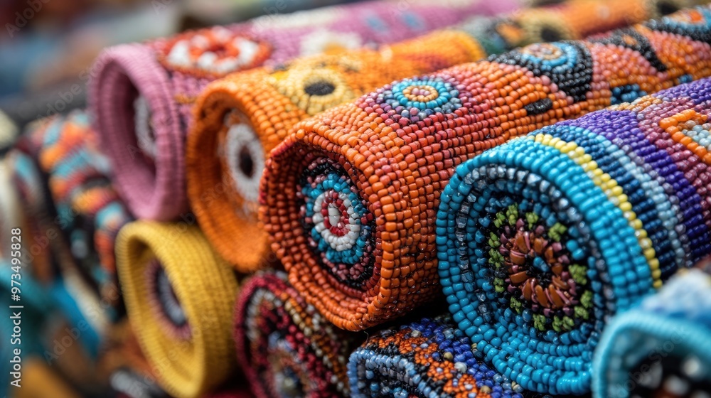 Poster Colorful rolled textiles showcasing intricate beadwork patterns.