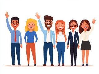 A diverse group of happy individuals waving, showcasing unity and positivity in a professional environment.