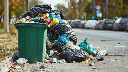Overflowing Green Trash Bin With Scattered Garbage on a Street