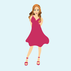 Stylish Cartoon Woman in Red Dress, Beautiful Woman Illustration in Trendy Red Dress for Fashion Design